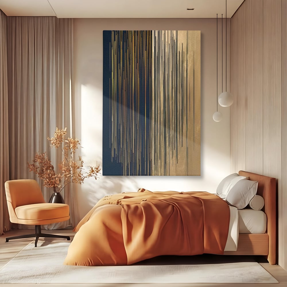 Tablou canvas cu tablou abstract cu dungi verticale aurii si negre, fara rama, pe sasiu de lemn, pe perete intr-un dormitor
